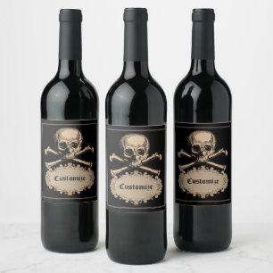 Vintager Schädel u. gekreuzte Knochen Halloween Weinetikett