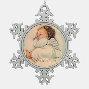 Vintager Schlafenbaby-Mädchen-Engel Schneeflocken Zinn-Ornament