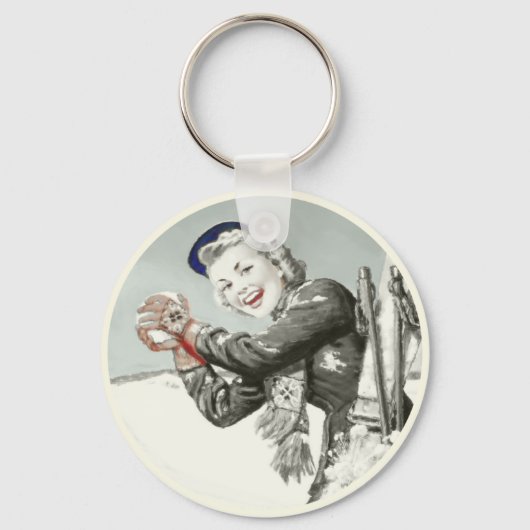 Vintager Schlüsselanhänger mit Winterurlaub Print (Vorderseite)