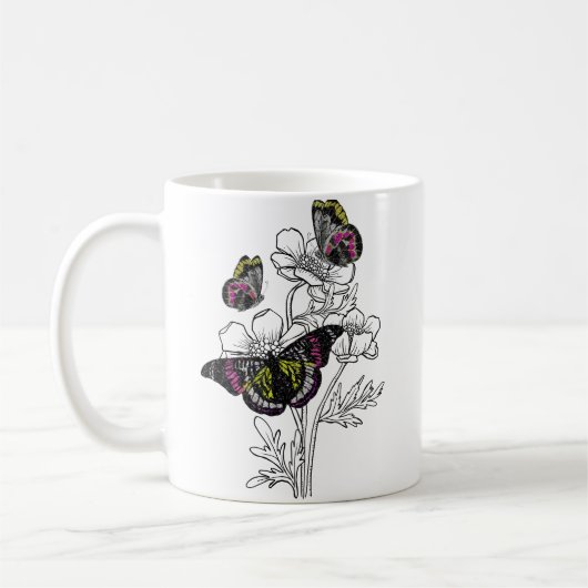 Vintager Schmetterling, ästhetische Blume Kaffeetasse (Links)