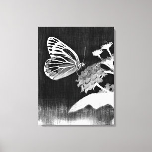 Vintager Schmetterling auf Blume - Schwarz und Wei Leinwanddruck