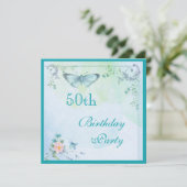 Vintager Schmetterling, Blume & Wirbel 50. Geburts Einladung (Stehend Vorderseite)