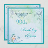 Vintager Schmetterling, Blume & Wirbel 90. Geburts Einladung (Vorne/Hinten)