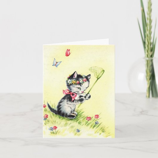 Vintager Schmetterling fängt Kitten Karte (Vorderseite)