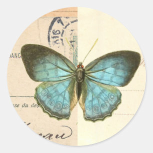 Vintager Schmetterling in blauem, angesagtem Aufkl Runder Aufkleber