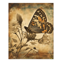 Vintager Schmetterling mit weißen Blume Fotodruck