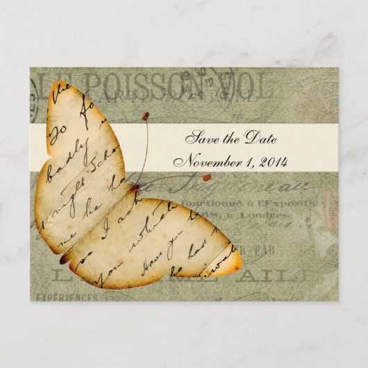 Vintager Schmetterling Save the Date Ankündigungspostkarte (Vorderseite)