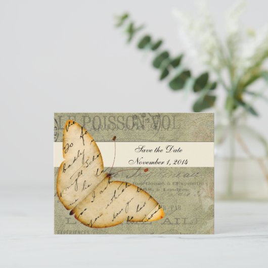 Vintager Schmetterling Save the Date Ankündigungspostkarte (Stehend Vorderseite)