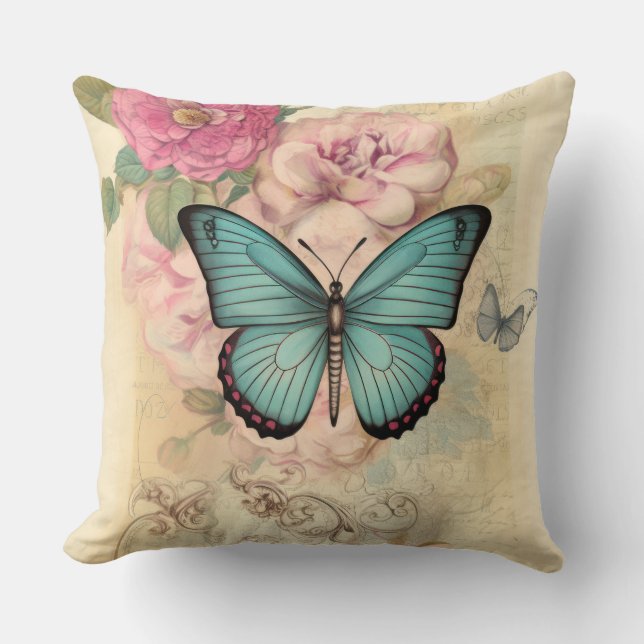 Vintager Schmetterling und Blume Kissen (Vorderseite)
