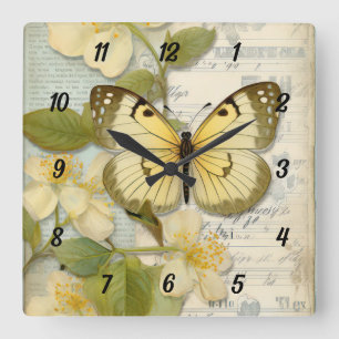Vintager Schmetterling und Blume Quadratische Wanduhr