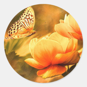 Vintager Schmetterling und Blumen Runder Aufkleber