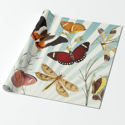 Vintager Schmetterling und Drachenfliege Geschenkpapier (Ungerollt)