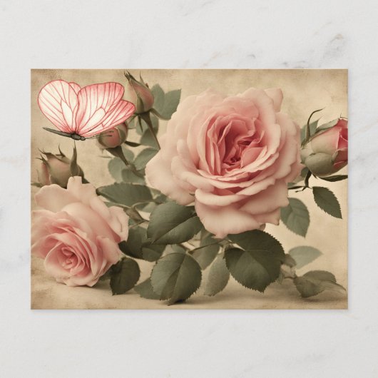 Vintager Schmetterling und rosa Rosen Postkarte (Vorderseite)