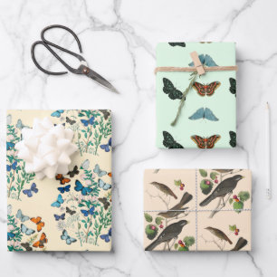 Vintager Schmetterling-Vogel-Muster rosa grün Geschenkpapier Set