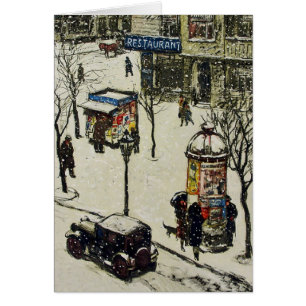Vintager Schnee bedeckt 1920er City Street Cars Wi
