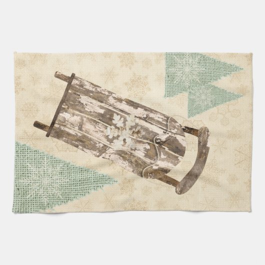 Vintager Schneeflockenbaum Rustikaler Schlitten Geschirrtuch (Horizontal)