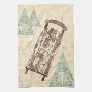 Vintager Schneeflockenbaum Rustikaler Schlitten Geschirrtuch