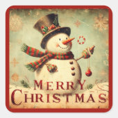 Vintager Schneemann - Frohe Weihnachten Quadratischer Aufkleber (Vorderseite)