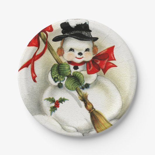 Vintager Schneemann glücklich Neues Jahr Pappteller (Vorderseite)