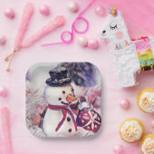 Vintager Schneemann im Schnee Zeichnend Pappteller (Party)
