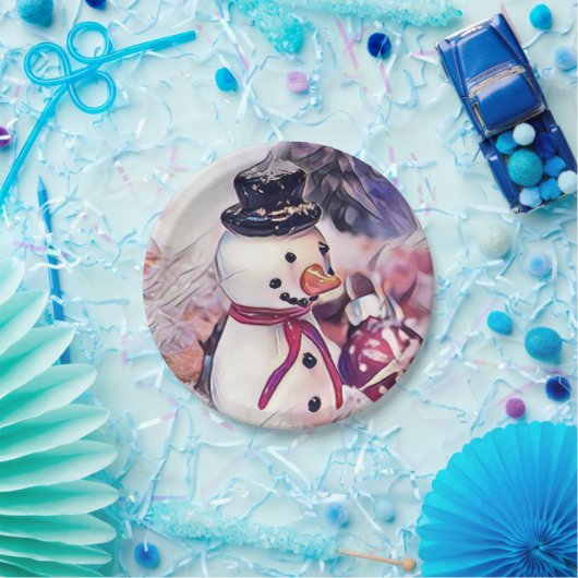 Vintager Schneemann im Schnee Zeichnend Pappteller (Party)