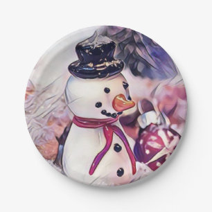 Vintager Schneemann im Schnee Zeichnend Pappteller