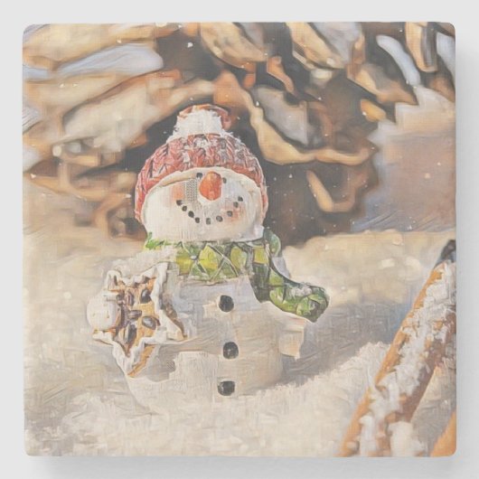 Vintager Schneemann im Schnee Zeichnend Steinuntersetzer (Vorderseite)
