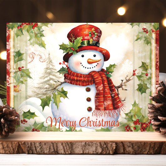 Vintager Schneemann mit Holly Frohe Weihnachten