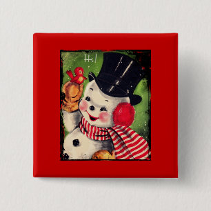 Vintager Schneemann mit Rotem Vogel Button