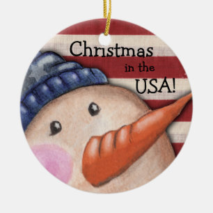 Vintager Schneemann und Fahne der USA zu Weihnacht Keramikornament