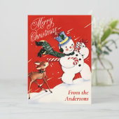 Vintager Schneemann und Hirsche Weihnachten (Stehend Vorderseite)