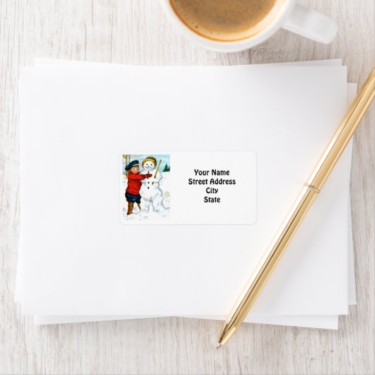 Vintager Schneemann und Kind Adressaufkleber (Insitu)