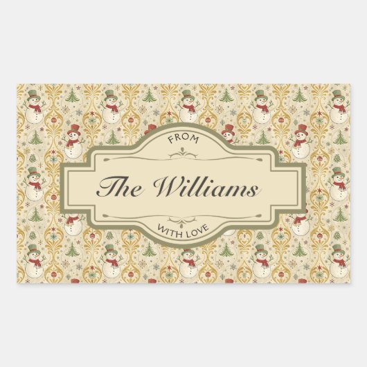 Vintager Schneemann & Weihnachtsbaum Custom Rechteckiger Aufkleber (Vorderseite)