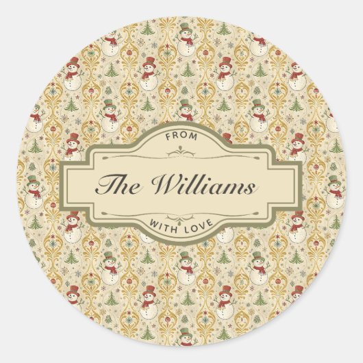 Vintager Schneemann & Weihnachtsbaum Custom Runder Aufkleber (Vorderseite)