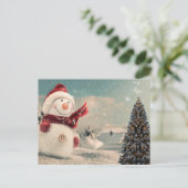 Vintager Schneemann & Weihnachtsbaum Postkarte (Stehend Vorderseite)