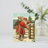 Vintager Schneeschuhwald von Santa Trekking Feiertagspostkarte (Stehend Vorderseite)