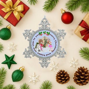 Vintager Schneetag Kinder Rosa Weihnachtslandschaf Schneeflocken Zinn-Ornament