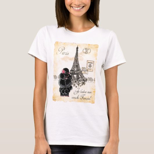 Vintager Schwarz-Poodle-Eiffelturm T-Shirt (Vorderseite)