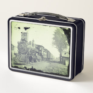 Vintager Schwarz-Weiß-Dampfzug Metall Brotdose