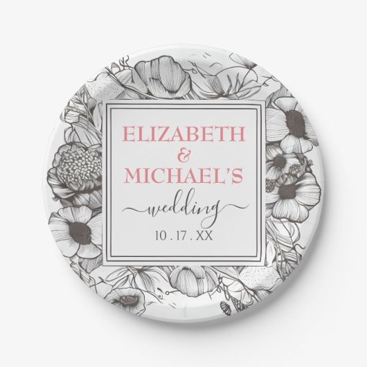 Vintager Schwarz-weißer Blumenrahmen Pappteller (Vorderseite)