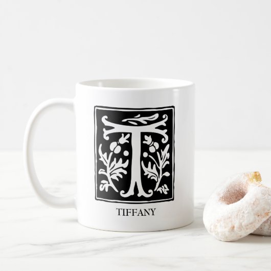 Vintager Schwarz-weißer floraler Monogramm Kaffeetasse (Mit Donut)