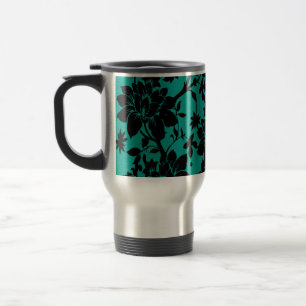 Vintager schwarzer Blumenentwurf auf Pfaugrün Reisebecher