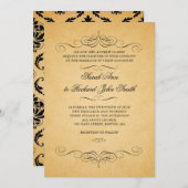 Vintager schwarzer Damast-Wirbel blüht Hochzeit Einladung (Vorne/Hinten)