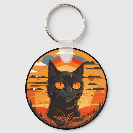 Vintager Schwarzer Katze Sonnenuntergang Schlüsselanhänger (Vorderseite)