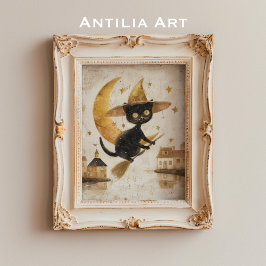 Vintager, schwarzer Katzenmaler Halloween-Mond Poster