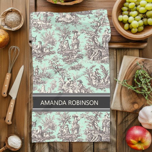 Vintager schwarzer Pfefferminztoil de jouy Geschirrtuch