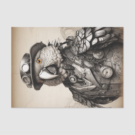 Vintager schwarzer und weißer Steampenpapagei Seidenpapier (Vorderseite)