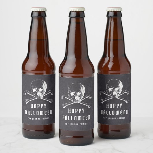 Vintager Schwarzpiratskull & Bones Frohe Halloween Bierflaschenetikett (Flaschen)