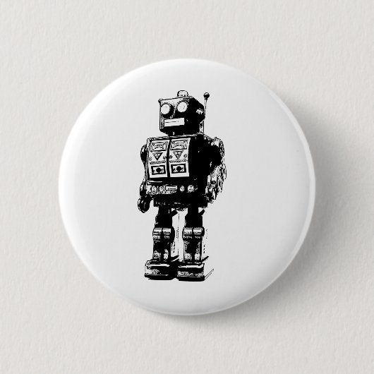 Vintager Schwarzweiss-Roboter Button (Vorderseite)