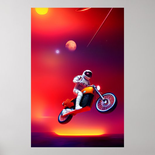 Vintager Sci-Fi Astronaut Motorrad Jump Retro Poster (Vorne)